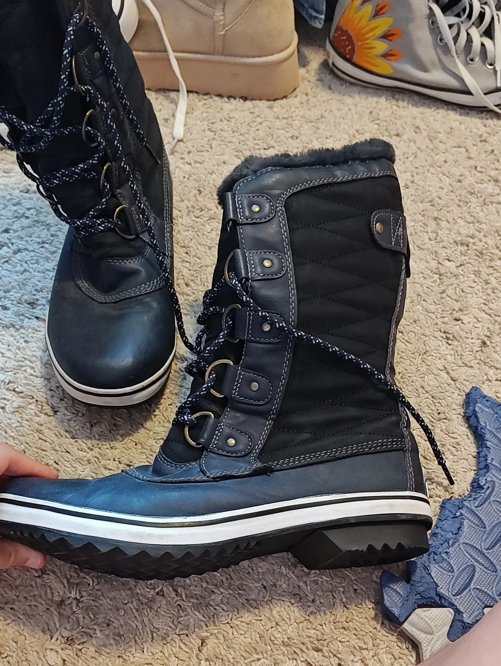 Women's Navy Blue Faux-Fur Winter Lace-Up Boots